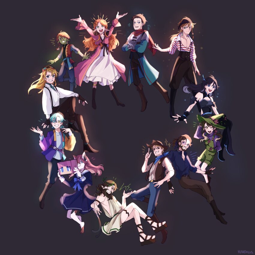 5girls, 6+boys, adapted_costume, blonde_hair, blue_hair, cat_girl, circle_formation, cosplay