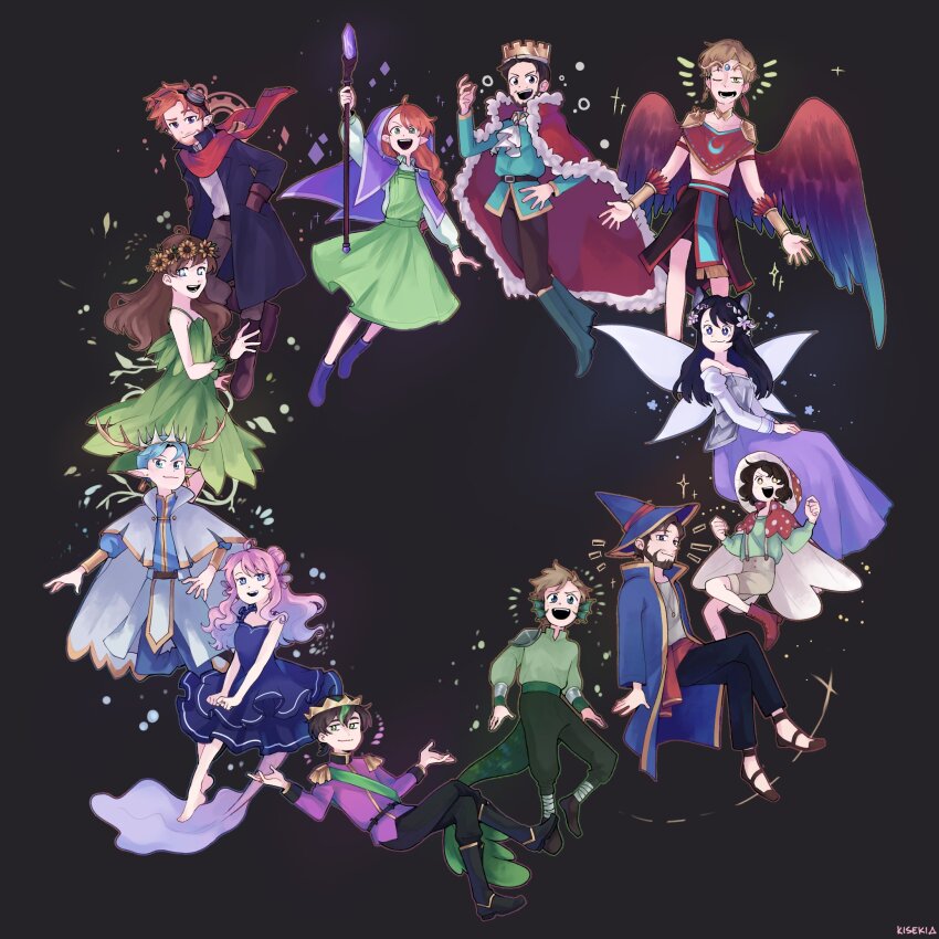 5girls, 6+boys, adapted_costume, alternate_costume, animal_ears, antlers, axolotl_girl, beard