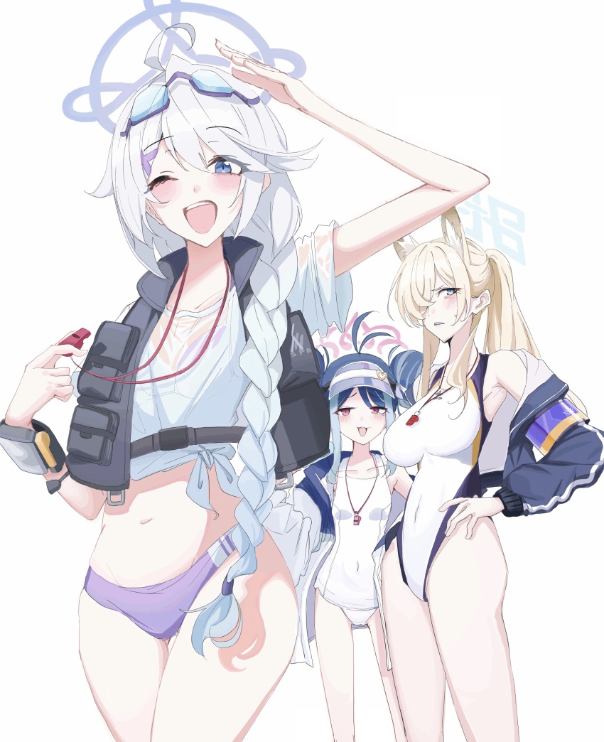 3girls, absurdres, ahoge, animal_ear_fluff, animal_ears, antenna_hair, arimas_ar1, bikini, black_jacket, blonde_hair, blue_archive, blue_eyes, blue_hair, blue_halo, blush, braid, breasts, clenched_teeth, covered_navel, dog_ears, double_bun, extra_ears, eyewear_on_head, fubuki_(blue_archive), fubuki_(swimsuit)_(blue_archive), gluteal_fold, grey_hair, groin, hair_bun, hair_over_one_eye, halo, highres, jacket, kanna_(blue_archive), kanna_(swimsuit)_(blue_archive), kirino_(blue_archive), kirino_(swimsuit)_(blue_archive), large_breasts, long_hair, long_sleeves, looking_at_viewer, multicolored_hair, multiple_girls, navel, official_alternate_costume, one-piece_swimsuit, one_eye_closed, open_clothes, open_jacket, open_mouth, pink_halo, ponytail, purple_bikini, red_eyes, school_swimsuit, sharp_teeth, shirt, short_hair, short_sleeves, single_braid, small_breasts, smile, swimsuit, teeth, whistle, whistle_around_neck, white_jacket, white_one-piece_swimsuit, white_shirt