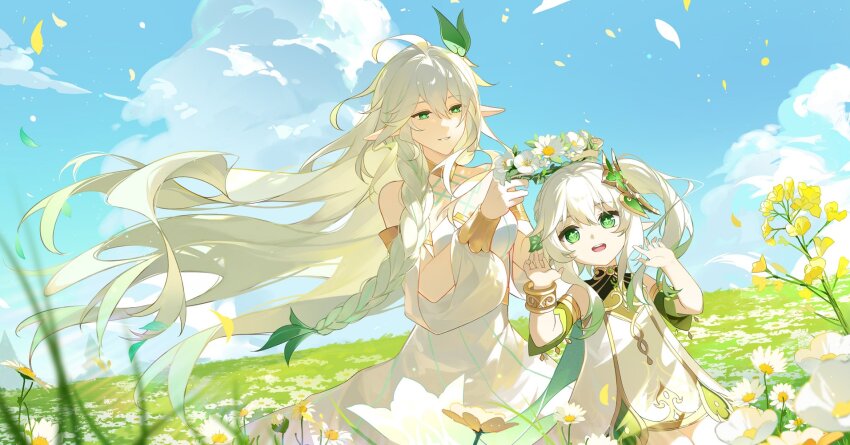 2girls, :d, ahoge, bare_shoulders, blue_sky, body_markings, bracelet, braid