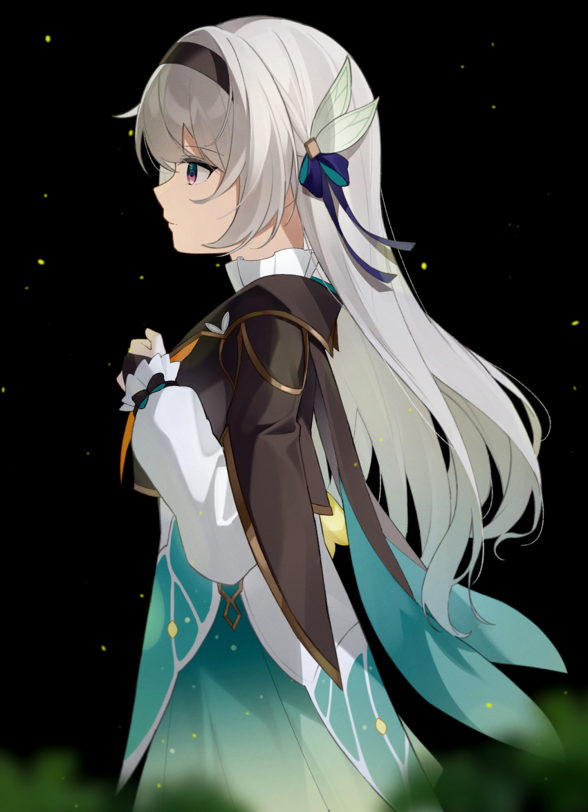 1girl, absurdres, aqua_dress, black_background, black_gloves, black_hairband, blue_bow, blurry, bow, brown_jacket, clenched_hand, closed_mouth, dress, fingerless_gloves, firefly_(honkai:_star_rail), gloves, gold_trim, grass, grey_hair, hair_between_eyes, hair_bow, hair_ornament, hairband, hand_on_own_chest, hand_up, highres, honkai:_star_rail, honkai_(series), jacket, leaf_hair_ornament, long_hair, long_sleeves, looking_to_the_side, merlin_(mer71n), neckerchief, orange_neckerchief, puffy_long_sleeves, puffy_sleeves, purple_eyes, sailor_collar, simple_background, smile, solo, standing, two-tone_dress, white_dress