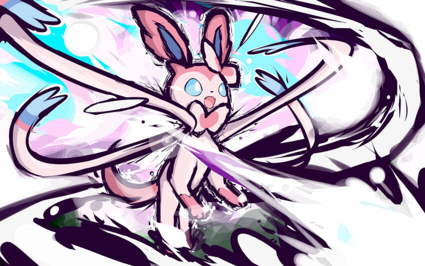 animal_focus, blue_eyes, bow, bright_pupils, fang, gen_6_pokemon, ishmam, moonblast_(pokemon), nintendo, no_humans, open_mouth, pokemon, pokemon_(creature), ribbon, solo, sylveon, white_pupils