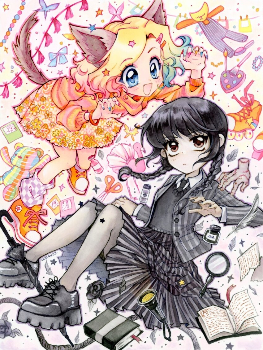 2000s_(style), 2girls, the_addams_family, animal_ears, animification, bird, black_hair, blonde_hair