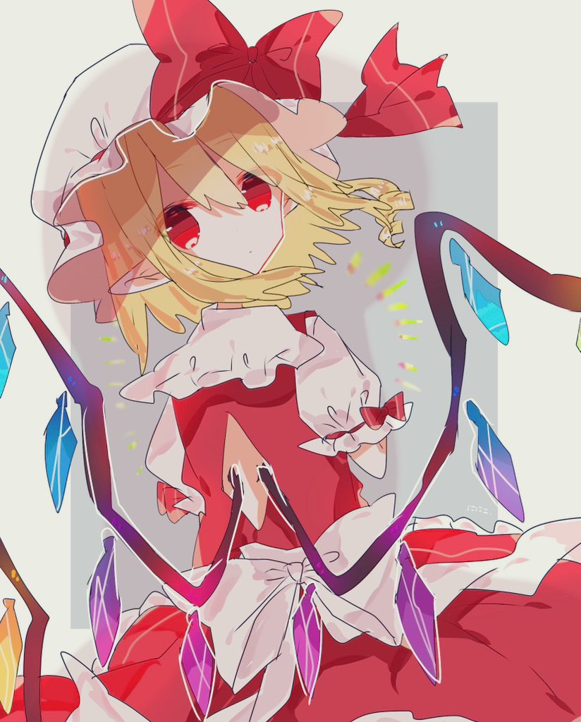 1girl, back_cutout, blonde_hair, clothing_cutout, cowboy_shot, crystal_wings, flandre_scarlet, frills