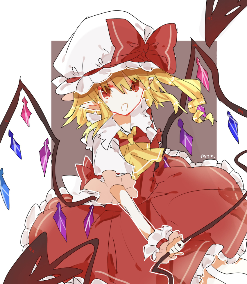 1girl, blonde_hair, cowboy_shot, crystal_wings, flandre_scarlet, frills, hat, hat_ribbon