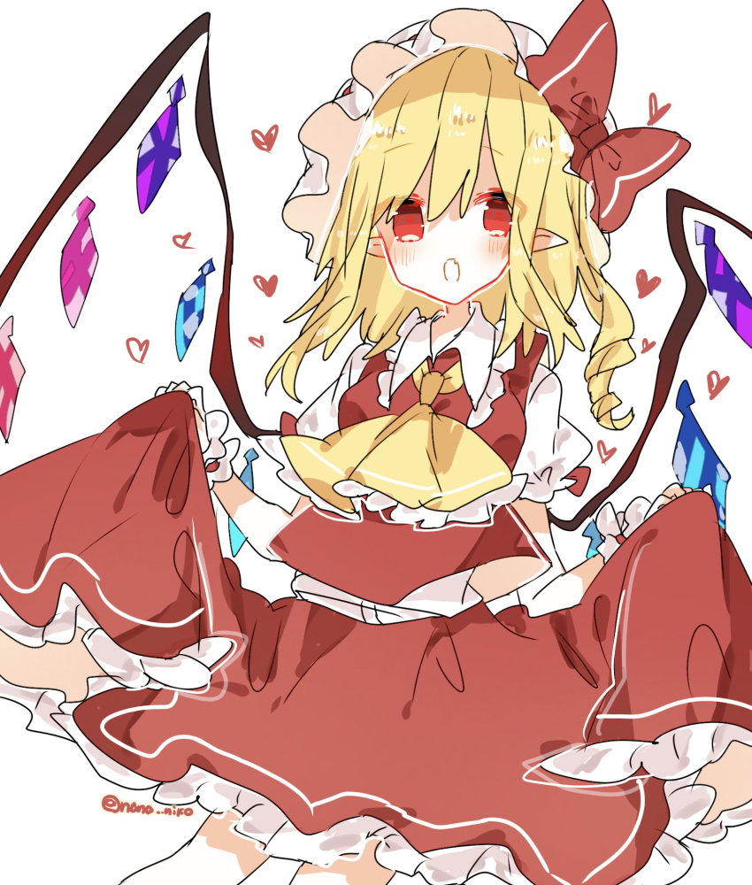 1girl, ascot, blonde_hair, clothes_lift, cowboy_shot, crystal_wings, flandre_scarlet, hat