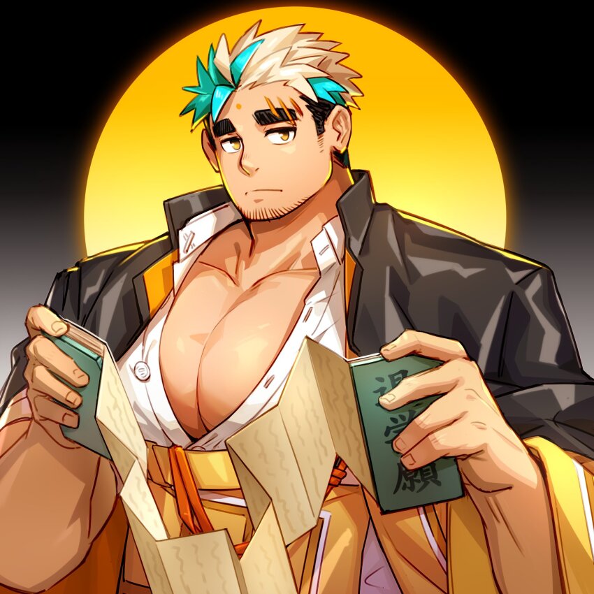 1boy, aqua_hair, bara, black_hair, black_jacket, blonde_hair, book, circle