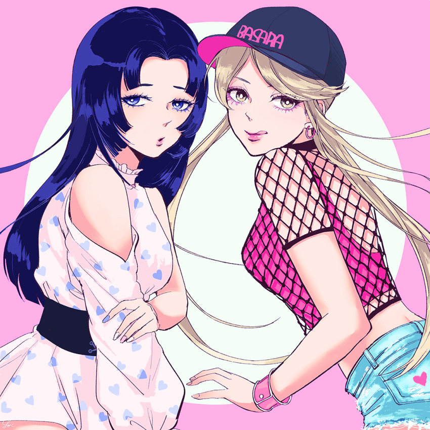 2girls, :o, :q, bare_shoulders, baseball_cap, blonde_hair, blue_eyes, blue_hair