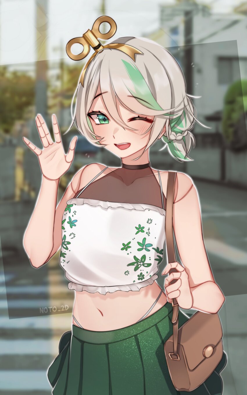 1girl, ;d, absurdres, alternate_costume, bag, bare_shoulders, casual, cecilia_immergreen