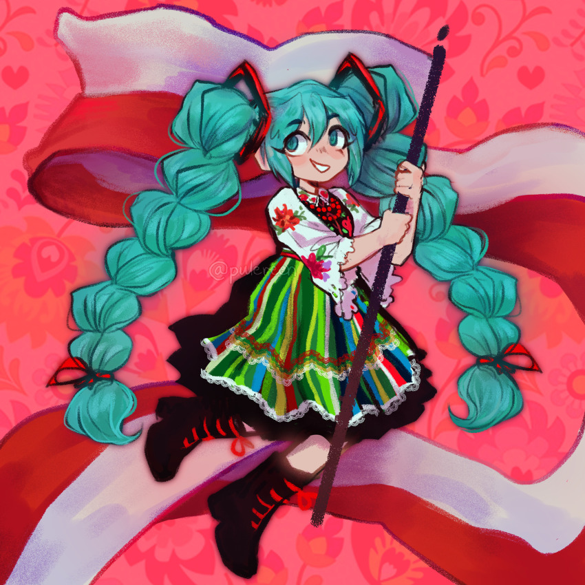 1girl, apron, aqua_eyes, aqua_hair, bead_necklace, beads, black_boots, black_skirt, boots, braid, collared_shirt, flag, floral_print, hatsune_miku, high_braid, high_twin_braids, highres, holding, holding_flag, jewelry, long_hair, necklace, polish_clothes, polish_flag, pulereen, shirt, skirt, smile, solo, striped_apron, striped_clothes, tumblr_username, twin_braids, vertical-striped_apron, vertical-striped_clothes, very_long_hair, vocaloid
