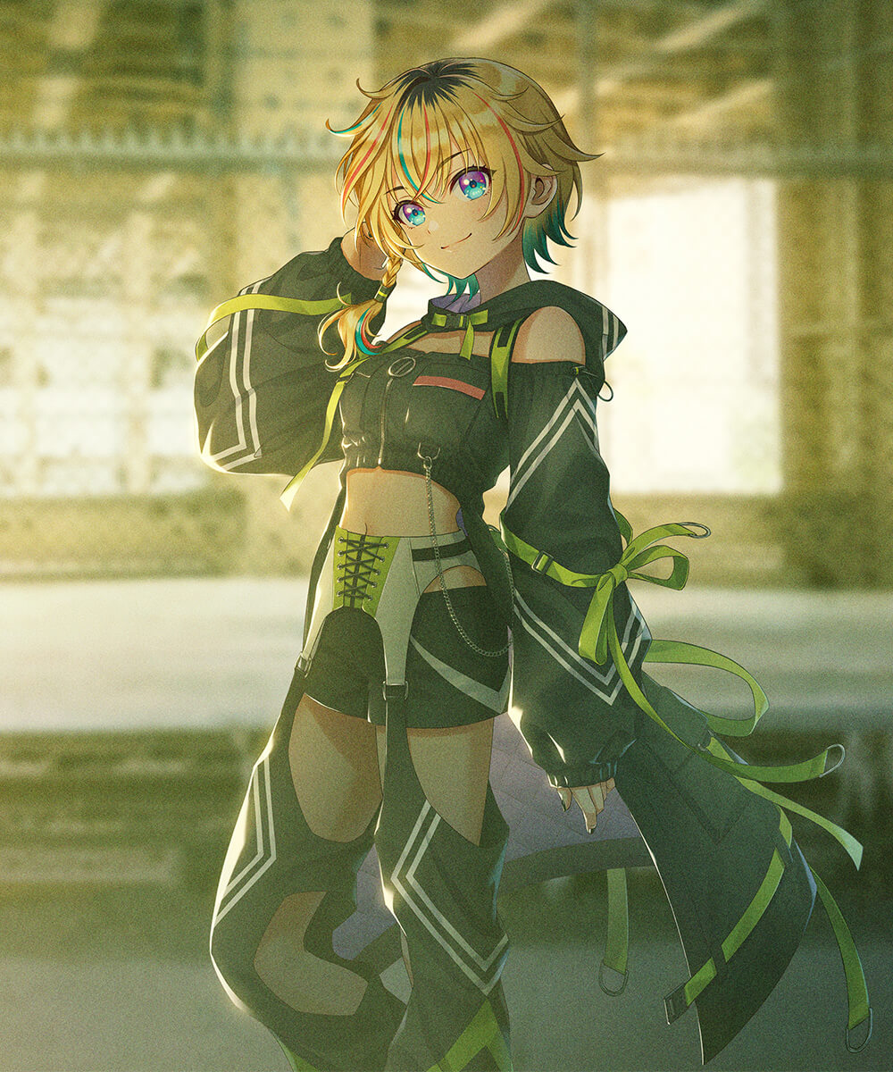 1girl, black_hair, blonde_hair, blue_hair, blurry, blurry_background, braid, chain