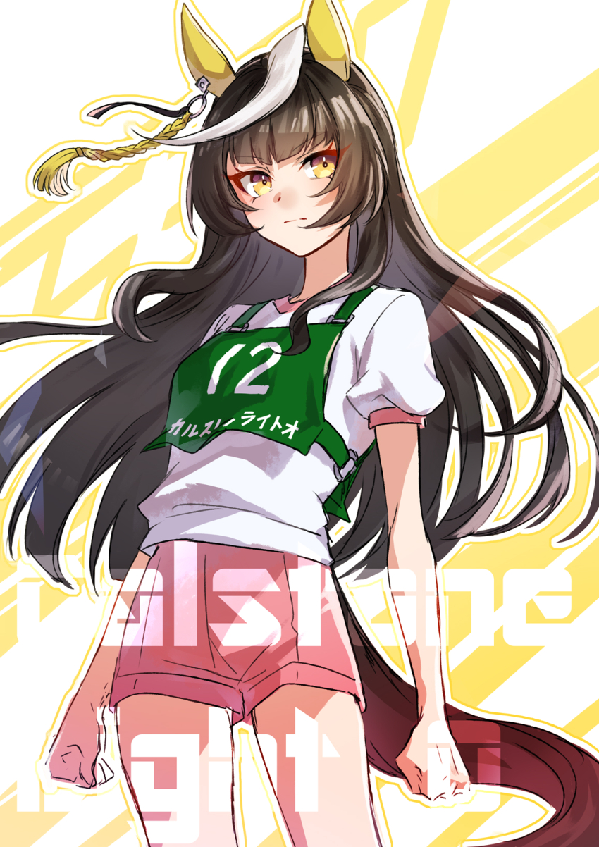 1girl, ahoge, alternate_costume, animal_ears, black_hair, blunt_bangs, breasts, calstone_light_o_(umamusume)