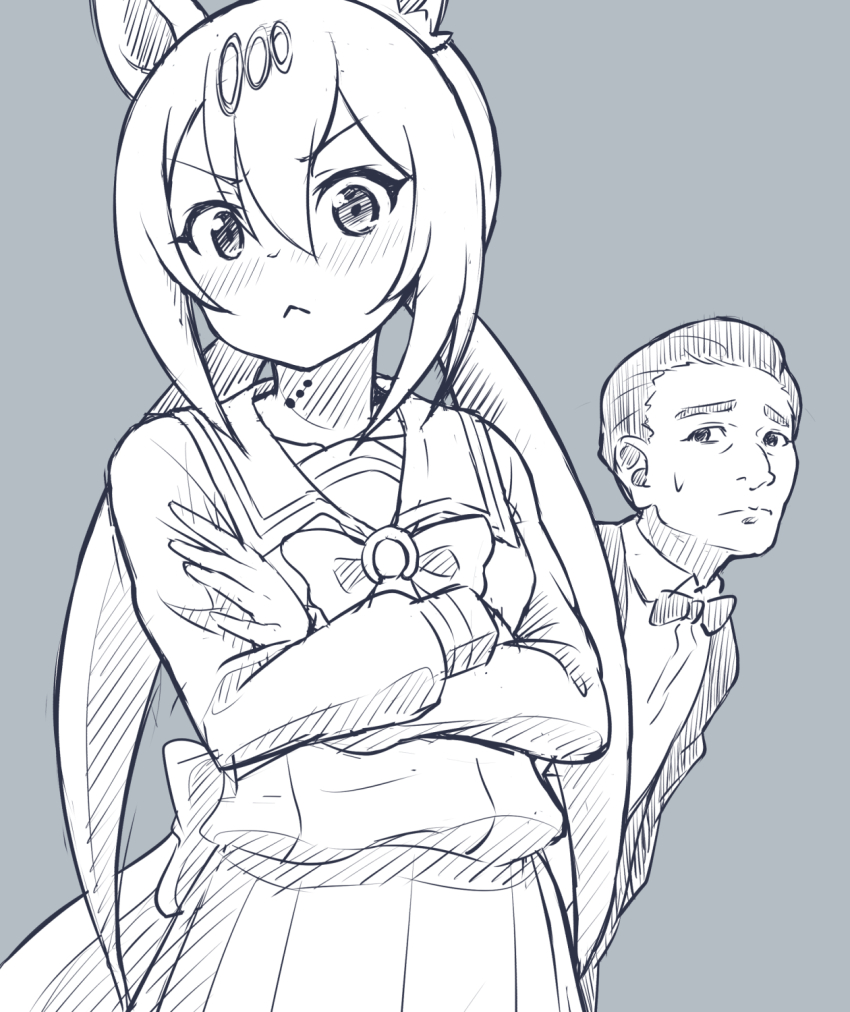 :<, animal_ears, bow, bowtie, can't_be_this_cute, collarbone, commentary, grey_theme, hair_between_eyes, hair_ornament, hair_slicked_back, highres, horse_ears, horse_girl, jungle_pocket_(comedy_group), kusaba_(kusabashiki), long_hair, long_sleeves, low_twintails, monochrome, ore_no_imouto_ga_konna_ni_kawaii_wake_ga_nai, pleated_skirt, real_life, sailor_collar, sailor_shirt, saitou_shinji, school_uniform, shima_(umamusume), shirt, short_hair, sketch, skirt, sweatdrop, thick_eyebrows, tracen_school_uniform, twintails, umamusume, umamusume:_beginning_of_a_new_era, very_short_hair, winter_uniform