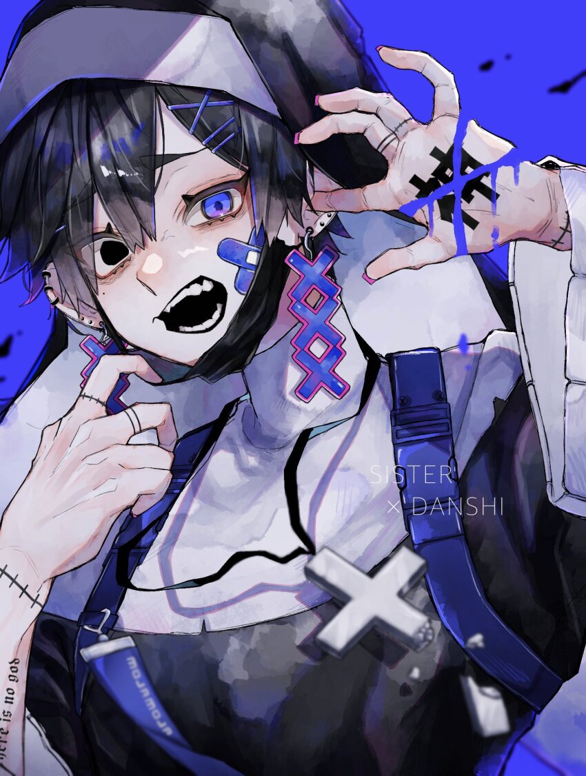 1boy, bad_link, bad_twitter_link, black_eyes, black_hair, blue_background, blue_eyes, fang