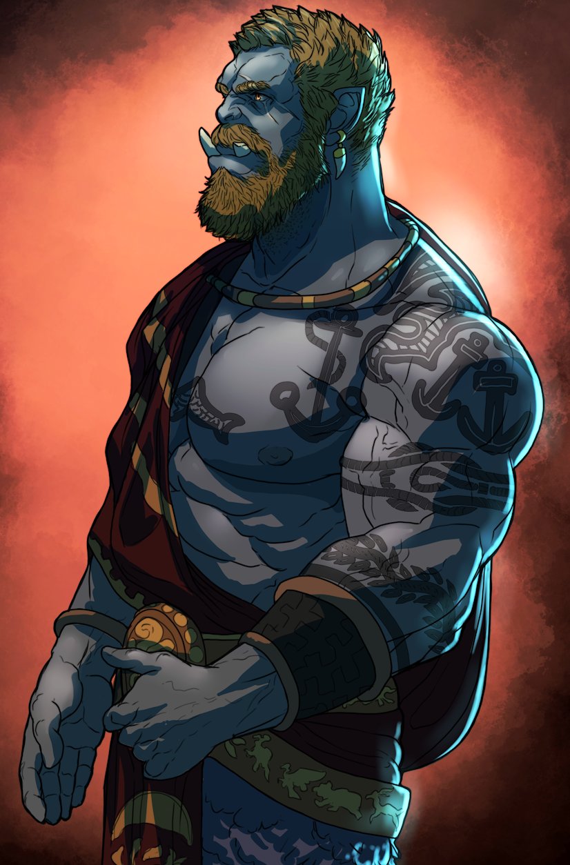 1boy, bara, bare_pectorals, beard, blonde_hair, broken_tusk, brown_facial_hair, colored_skin