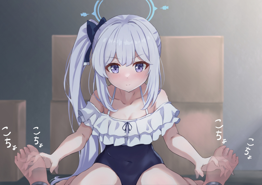 >:), 1girl, 1other, bare_shoulders, barefoot, blue_archive, blue_bow, blue_halo