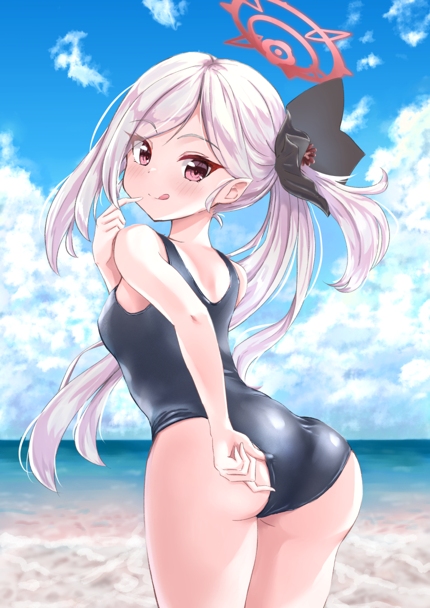 1girl, :q, adjusting_clothes, adjusting_swimsuit, alternate_costume, ass, back, beach, black_one-piece_swimsuit, black_ribbon, blue_archive, blue_sky, blush, breasts, closed_mouth, cloud, commentary_request, cowboy_shot, cumulonimbus_cloud, day, eyelashes, floating_hair, from_behind, grey_hair, hair_behind_ear, hair_ribbon, halo, hand_on_own_ass, hand_up, happy, highres, index_finger_raised, long_hair, looking_at_viewer, looking_back, matsu520, mutsuki_(blue_archive), ocean, one-piece_swimsuit, one_side_up, outdoors, parted_bangs, pointy_ears, red_eyes, red_halo, ribbon, school_swimsuit, seductive_smile, side_ponytail, sky, small_breasts, smile, solo, swimsuit, tongue, tongue_out, tsurime, very_long_hair