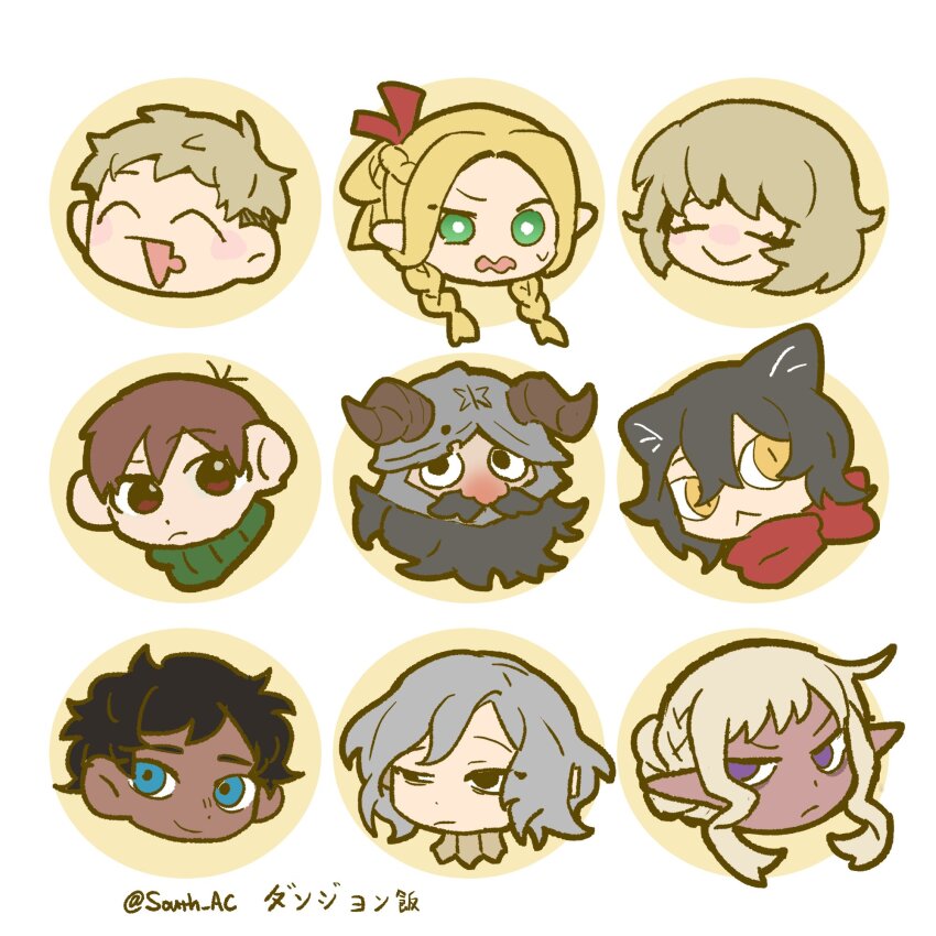 3girls, 6+boys, beard, blonde_hair, braid, chibi, chilchuck_tims, closed_eyes