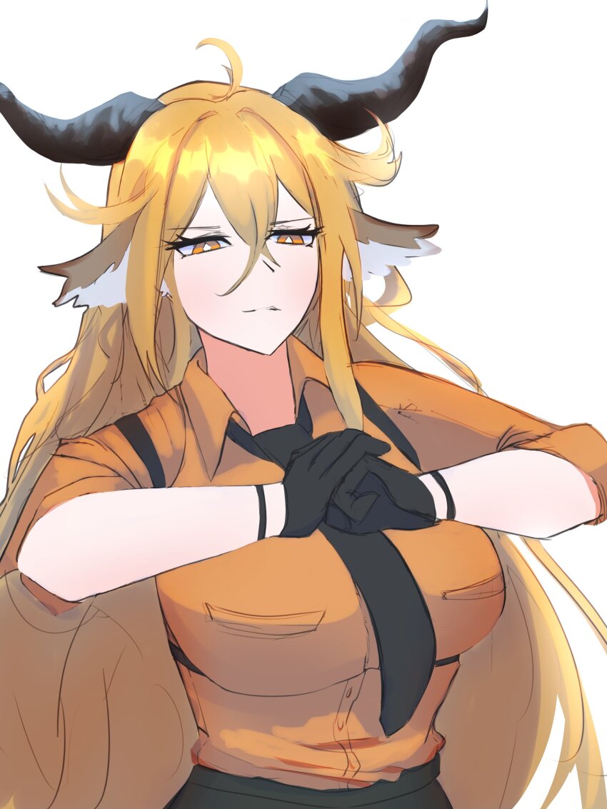 absurdres, animal_ears, arknights, asymmetrical_sidelocks, blonde_hair, brown_gloves, brown_horns, conicalart