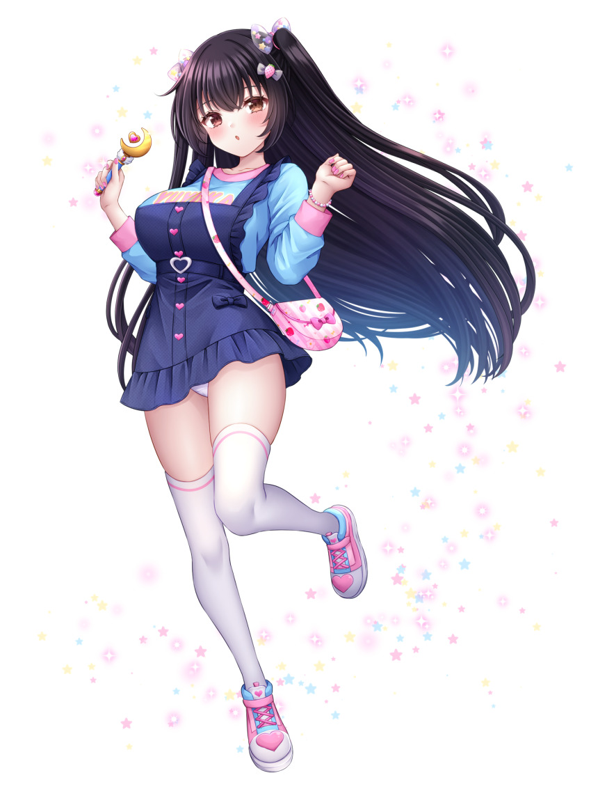 1girl, bag, black_hair, blue_shirt, blush, bow, breasts, brown_eyes, dairoku_ryouhei, food-themed_hair_ornament, full_body, hair_bow, hair_ornament, handbag, heart, highres, holding, holding_wand, large_breasts, long_hair, long_sleeves, minazuki_yuyuka, panties, pink_nails, pink_shoes, shirt, shoes, sneakers, solo, sorakase_sawa, sparkle, standing, standing_on_one_leg, strawberry_hair_ornament, thighhighs, transparent_background, underwear, v_arms, very_long_hair, wand, white_panties, white_thighhighs