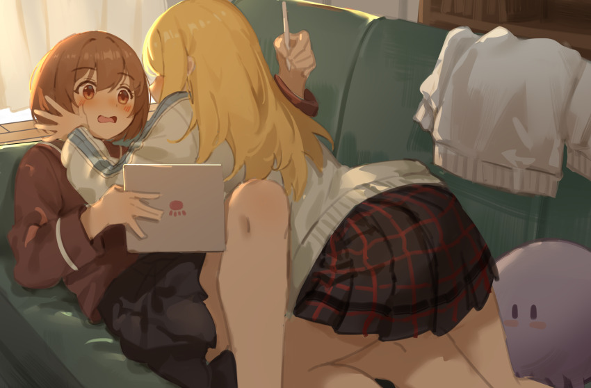2girls, black_skirt, blonde_hair, blush, bookshelf, brown_eyes, brown_hair, brown_sailor_collar