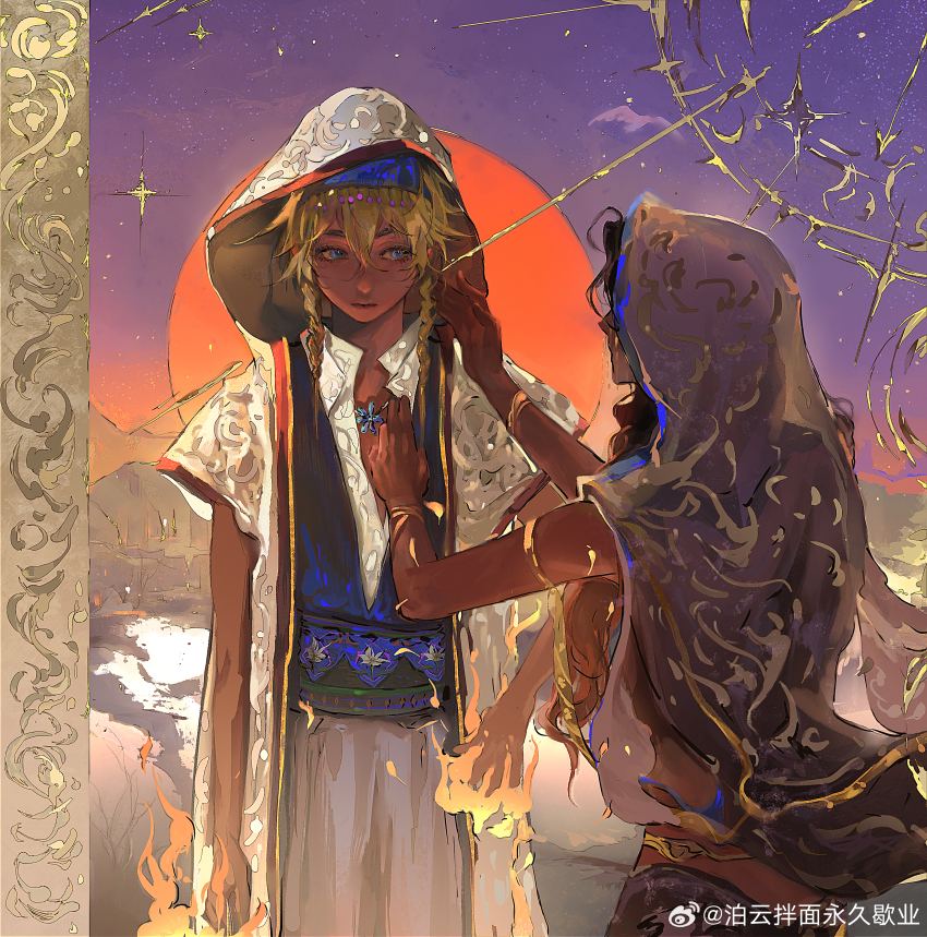 2girls, absurdres, adjusting_another's_clothes, adjusting_another's_hair, arabian_clothes, armlet, blonde_hair, blue_eyes