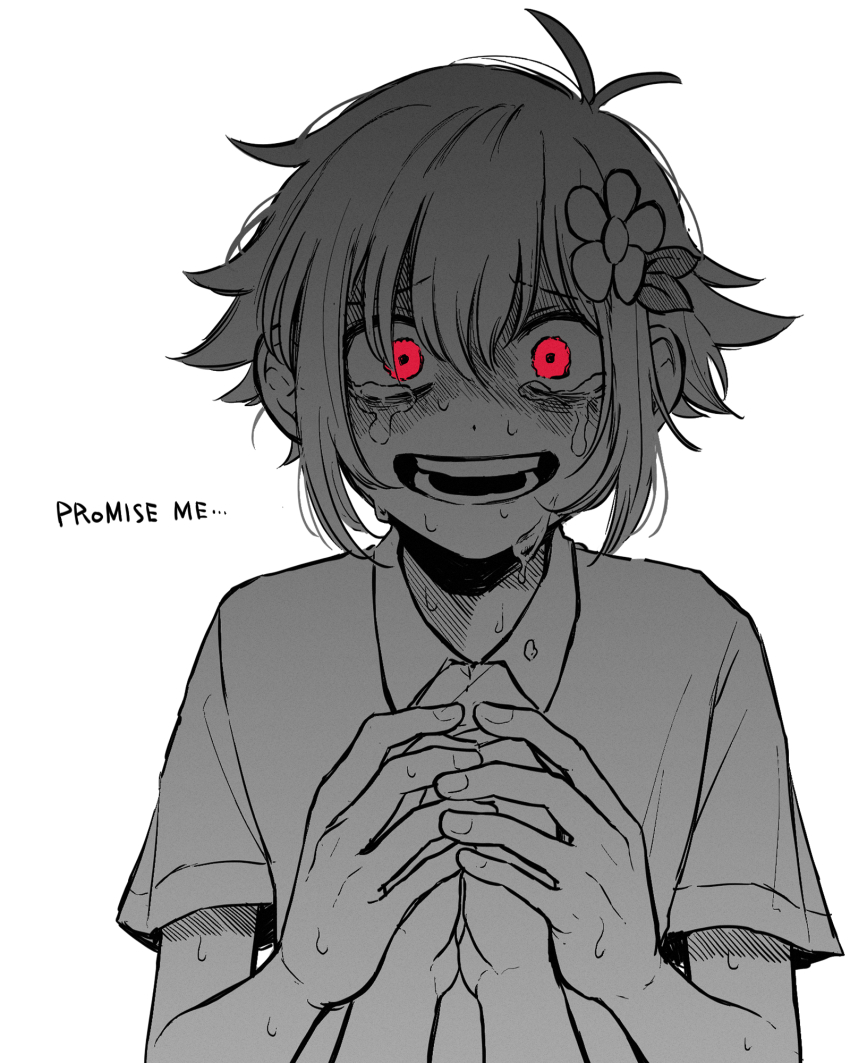 1boy, antenna_hair, basil_(faraway)_(omori), basil_(omori), collared_shirt, crying, crying_with_eyes_open, fingernails