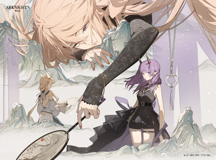 3girls, animal_ears, arknights, bare_arms, bare_back, bare_shoulders, belt, black_belt