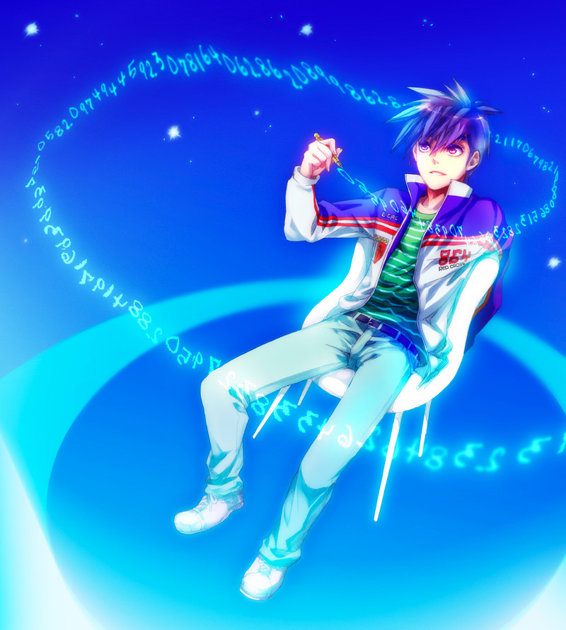 1boy, bad_id, bad_pixiv_id, blue_hair, chair, jacket, male_focus, mechanical_pencil