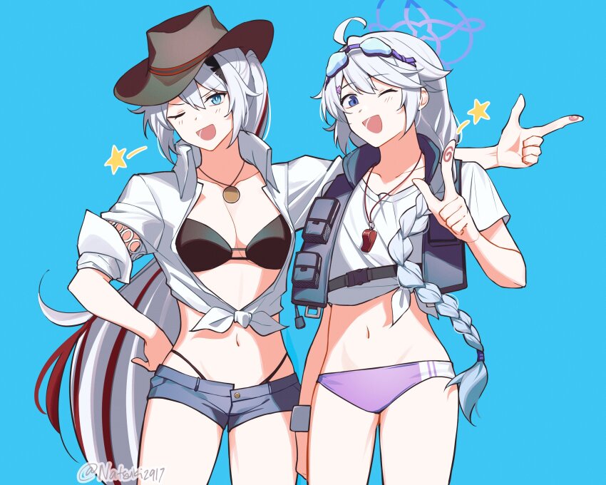 2girls, ;d, absurdres, ahoge, bikini, bikini_bottom_only, black_bikini, blue_archive