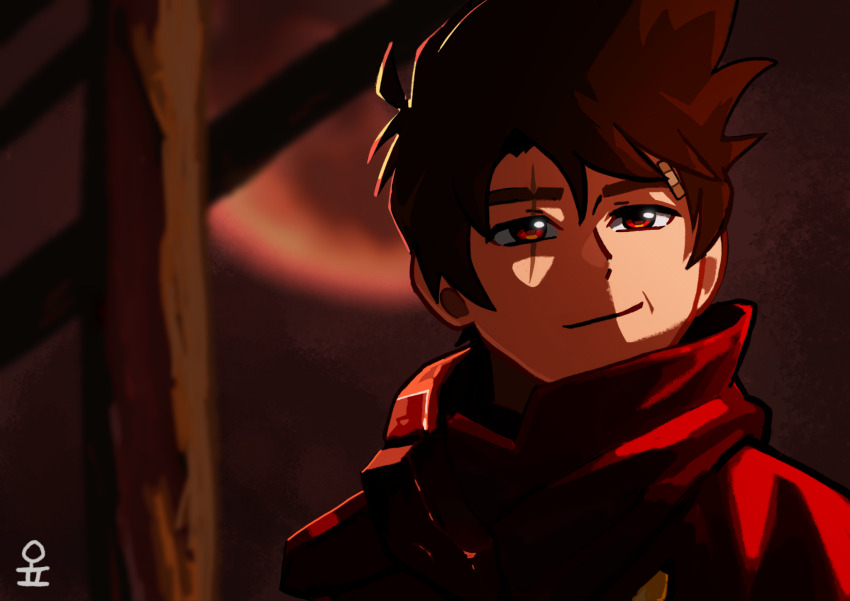 1boy, animification, bandaid, bandaid_on_face, bandaid_on_forehead, brown_hair, highres, kai_(ninjago), male_focus, ninja, ninjago, ninjago:_dragons_rising, ninjago_dragons_rising, opogpp, red_eyes, scar, scar_across_eye, scar_on_face, smirk, solo, spiked_hair, the_lego_group, upper_body