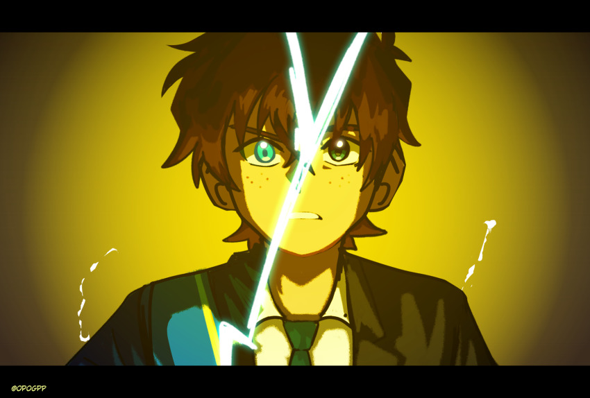 1boy, animification, black_suit, blue_eyes, brown_hair, collared_shirt, formal_clothes, freckles