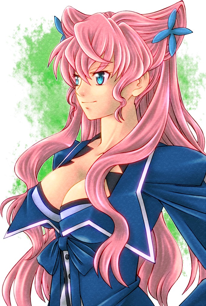 1girl, blue_eyes, breasts, cleavage, hair_between_eyes, hair_ornament, jacket, large_breasts, long_hair, maria_cadenzavna_eve, pink_hair, sakuran_(riddle_riddle), senki_zesshou_symphogear, smile, solo, very_long_hair