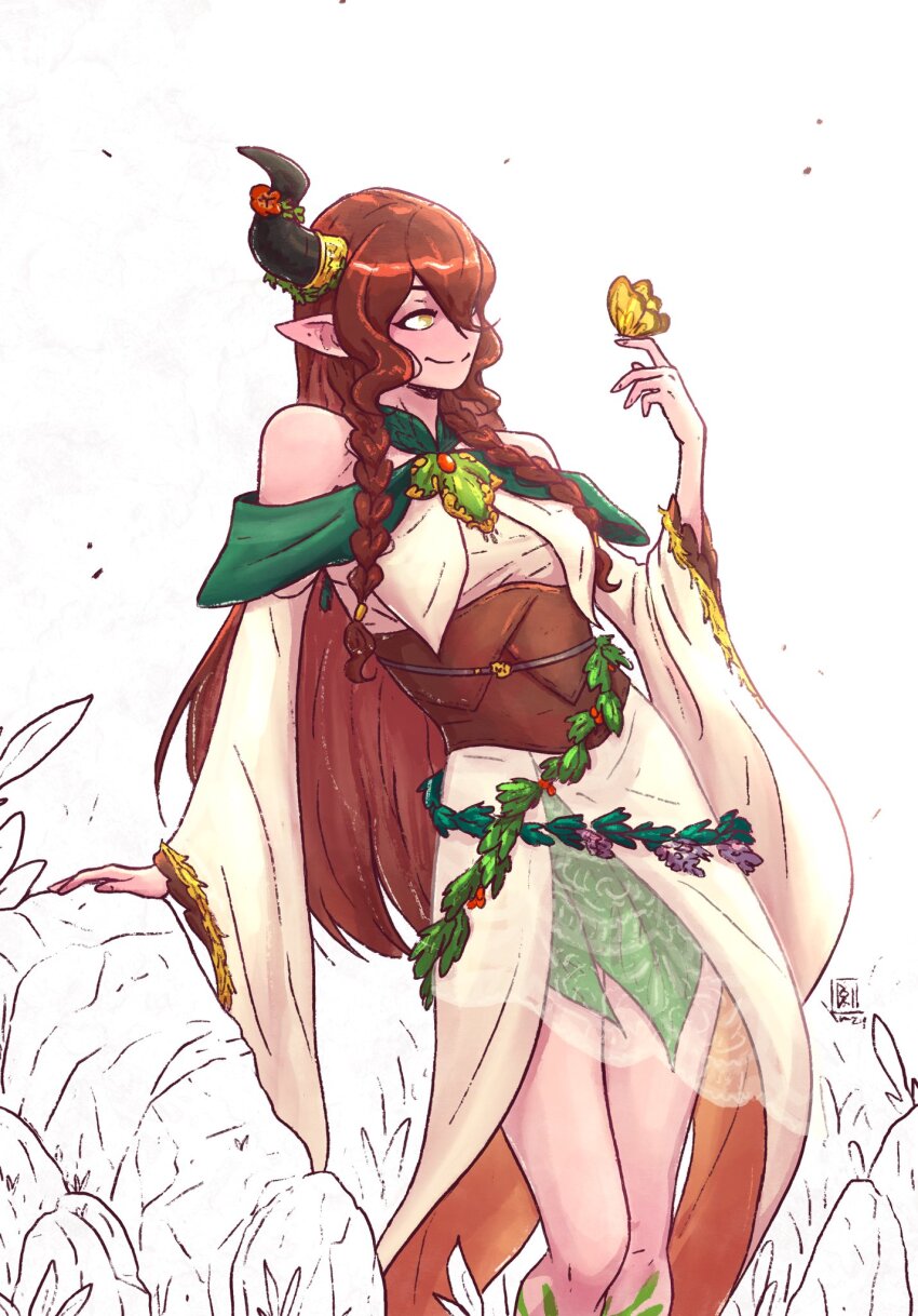 1girl, bare_shoulders, bell_mimieux, braid, brown_corset, brown_hair, bug, butterfly