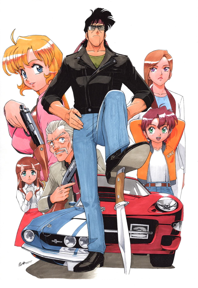 2boys, 4girls, :d, arms_behind_head, artist_name, bean_bandit, belt, black_footwear, black_hair, black_jacket, black_shirt, blazer, blonde_hair, blouse, blue_eyes, blue_pants, blue_shirt, blunt_bangs, breasts, brown_belt, brown_hair, car, carrie_(riding_bean), chelsea_grimwood, chest_harness, closed_mouth, collared_shirt, combat_knife, cropped_legs, cropped_torso, cz_75, denim, dress_shirt, everyone, facial_hair, foot_up, ford_mustang, from_side, frown, full_body, green_eyes, green_shirt, grey_hair, grey_jacket, grin, gun, hair_slicked_back, handgun, hands_on_own_hips, harness, headband, holding, holding_gun, holding_weapon, holster, jacket, jeans, key_visual, knife, large_breasts, leather, leather_jacket, light_smile, long_hair, long_sleeves, looking_at_another, looking_at_viewer, motor_vehicle, multiple_boys, multiple_girls, muscular, muscular_male, mustache, necktie, non-web_source, official_art, open_clothes, open_jacket, open_mouth, pants, parted_lips, percy_bacharach, pink_shirt, pink_skirt, promotional_art, pump_action, purple_eyes, rally_vincent_(riding_bean), red_hair, red_headband, red_necktie, remington_870, riding_bean, semmerling, serious, shadow, shelby_gt500, shirt, shoes, short_hair, shotgun, shoulder_holster, signature, simple_background, skirt, small_breasts, smile, sonoda_ken'ichi, suit_jacket, sunglasses, swept_bangs, t-shirt, teeth, tie_clip, upper_teeth_only, very_short_hair, weapon, white_background, white_hair, white_jacket, white_pants, white_shirt, wrap-around_shades, yellow_jacket