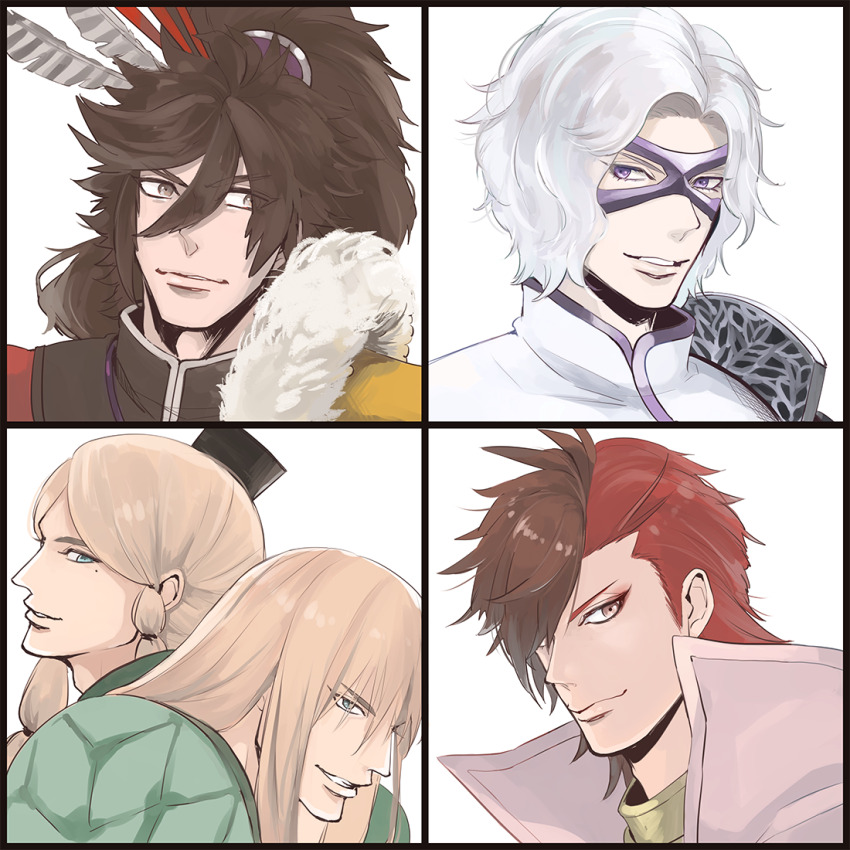 5boys, aqua_eyes, black_border, blonde_hair, border, brown_eyes, brown_hair, dual_persona