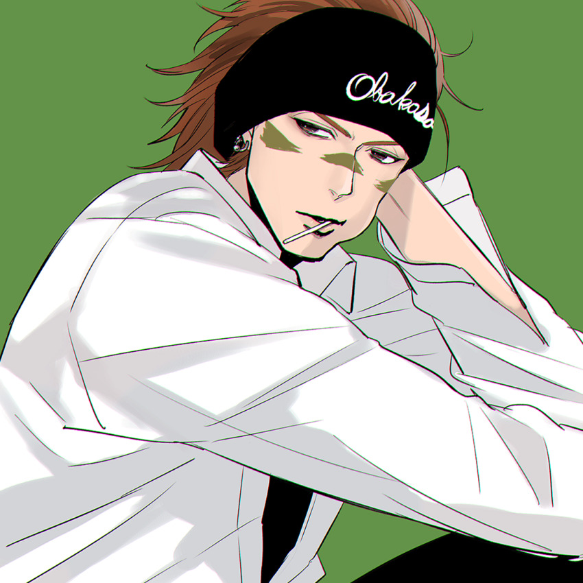 1boy, black_headband, brown_eyes, brown_hair, candy, earrings, facepaint, food