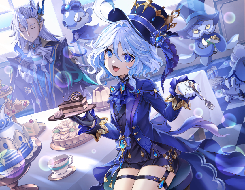 "pour_la_justice"_(genshin_impact), 1boy, 1girl, :d, absurdres, ahoge, ankoro, ascot