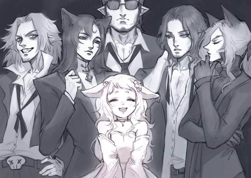 1girl, 1other, 4boys, :d, animal_ears, bare_shoulders, beard_stubble, black_jacket