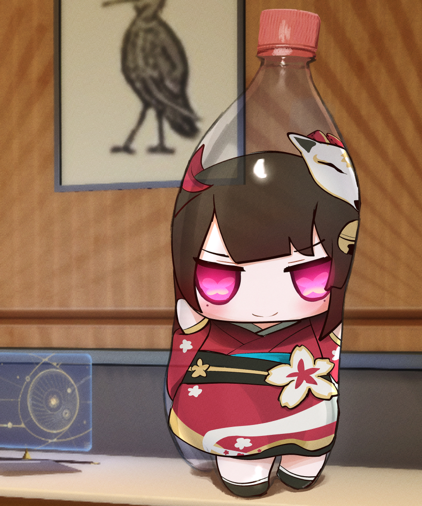 1girl, absurdres, black_footwear, black_sash, blurry, blurry_background, butterfly-shaped_pupils, character_doll