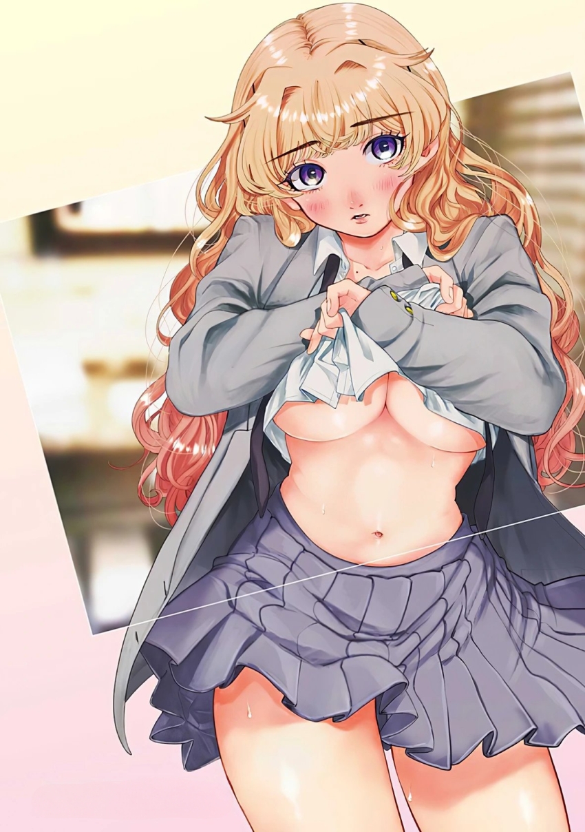 1girl, blonde_hair, blush, breasts, breasts_out, clothes_lift, filter-goshi_no_kanojo, grey_jacket