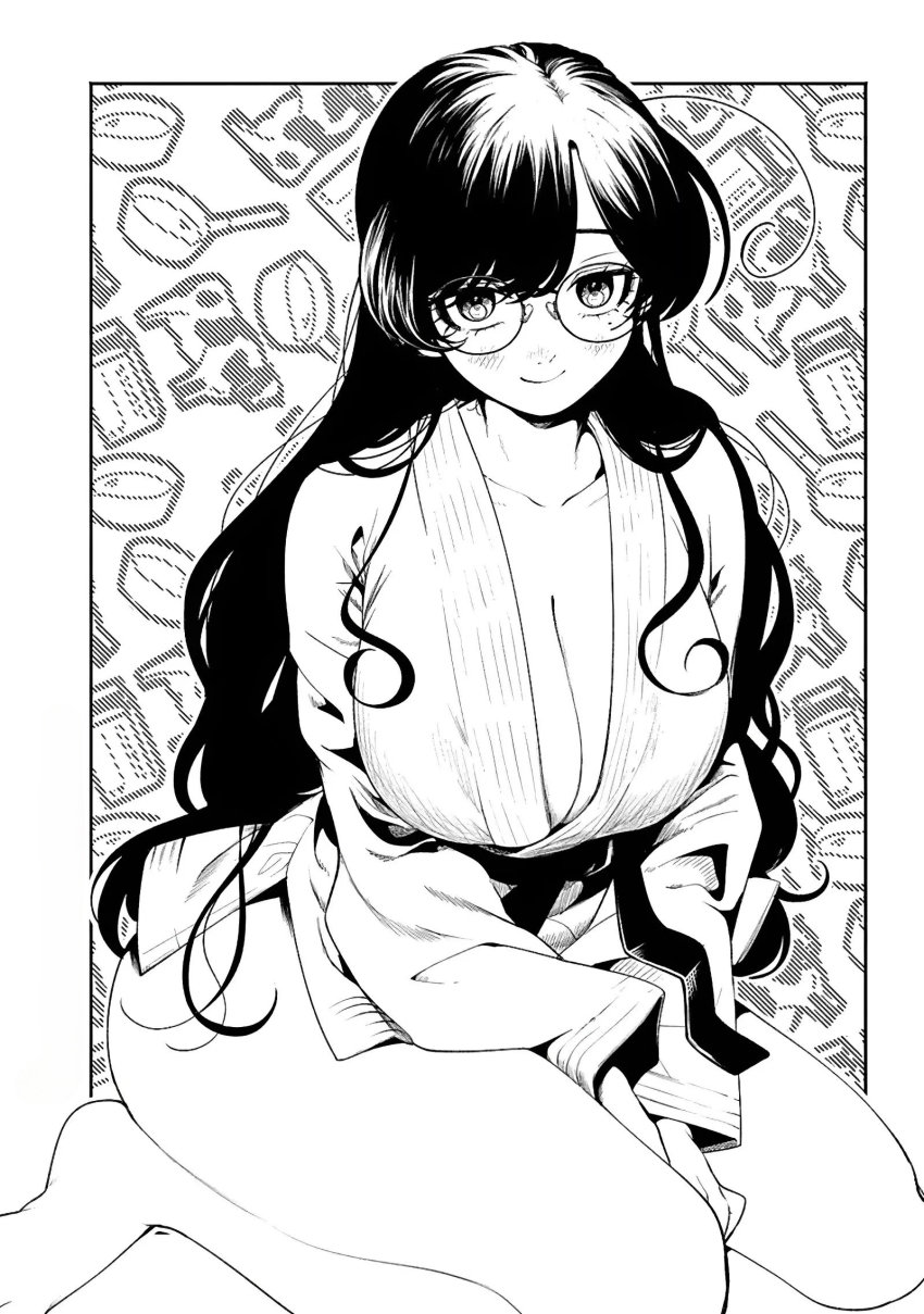 barefoot, black_hair, black_ribbon, blush, closed_mouth, coat, filter-goshi_no_kanojo, glasses
