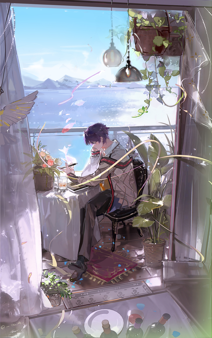 absurdres, alcohol, black_footwear, black_pants, black_socks, blue_sky, book, bottle