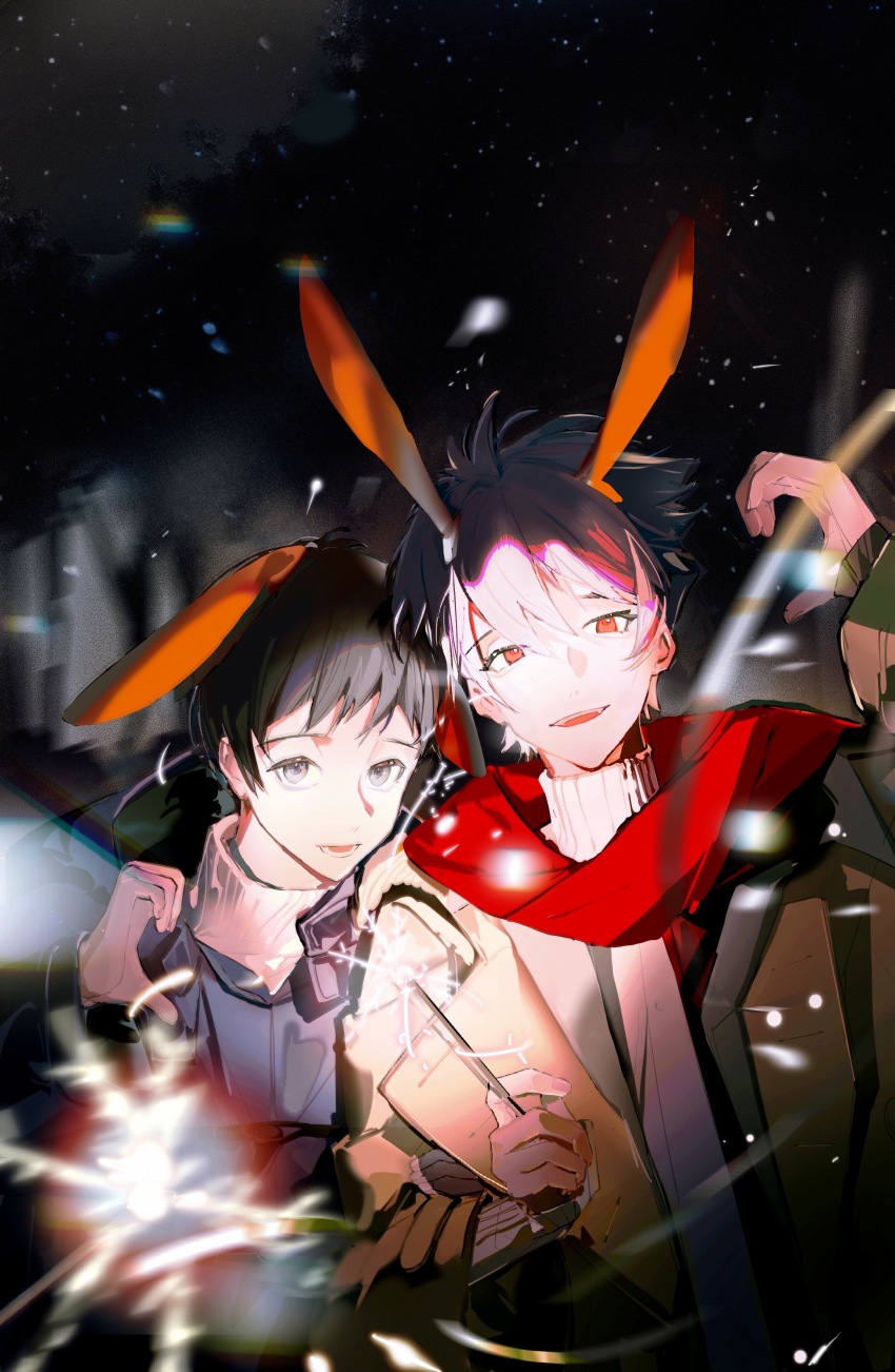 2boys, absurdres, animal_ears, black_coat, black_eyes, black_hair, blurry, brown_coat