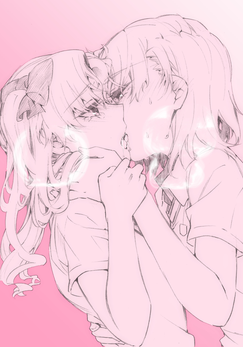 2girls, absurdres, blush, bow, commentary_request, eye_contact, face-to-face, french_kiss