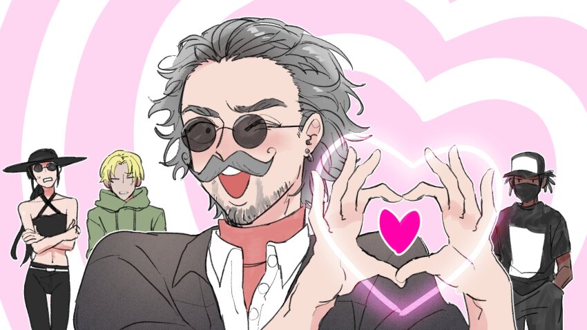 1girl, 3boys, four-finger_heart_hands, ;d, baseball_cap, beard, black_hair, black_hat