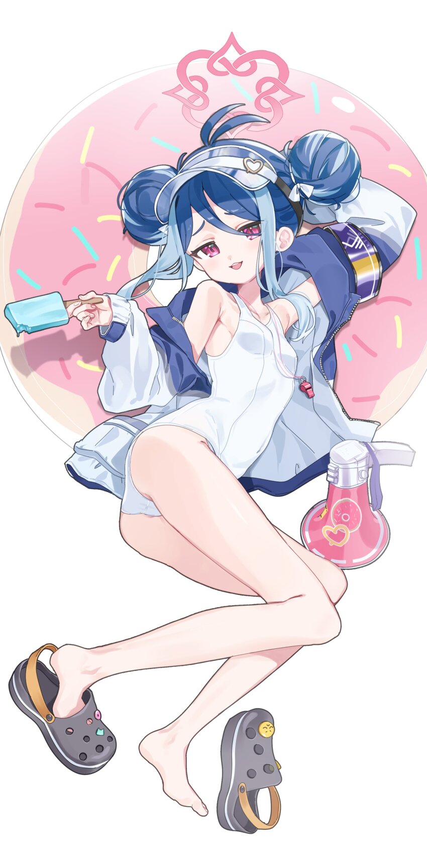 1girl, absurdres, antenna_hair, black_footwear, blue_archive, blue_hair, blush, breasts