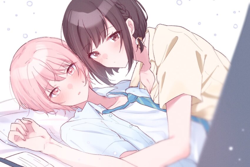 1girl, 1other, aged_down, akiyama_mizuki, akiyama_mizuki_(middle_school), androgynous, blush, bob_cut