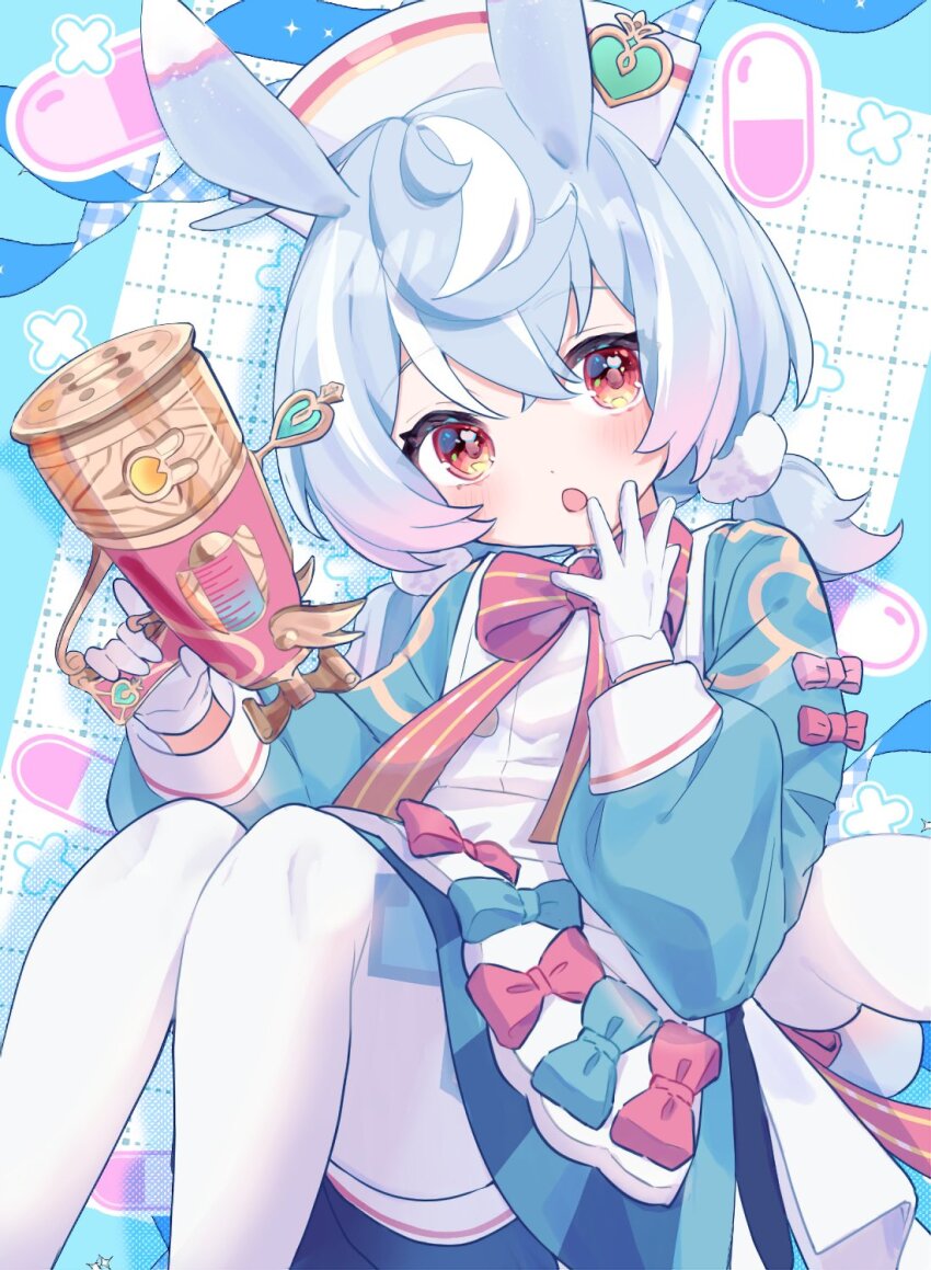 1girl, :o, animal_ears, apron, aqua_bow, aqua_shirt, black_shorts, blue_background, blue_hair, blue_ribbon, blush, bow, bowtie, commentary_request, crossed_bangs, feet_out_of_frame, genshin_impact, gingham_ribbon, gloves, gradient_hair, grid_background, gun, hair_between_eyes, hair_ornament, handgun, hands_up, hat, highres, holding, holding_gun, holding_weapon, knees_up, long_sleeves, looking_at_viewer, low_twintails, medium_hair, multicolored_hair, nurse_cap, open_mouth, pantyhose, pill, pink_bow, pom_pom_(clothes), pom_pom_hair_ornament, puchimu, puffy_long_sleeves, puffy_shorts, puffy_sleeves, purple_hair, red_bow, red_bowtie, red_eyes, red_ribbon, ribbon, shirt, short_shorts, shorts, sidelocks, sigewinne_(genshin_impact), simple_background, sleeve_cuffs, solo, sparkle, tail, twintails, two-tone_background, weapon, white_apron, white_background, white_gloves, white_hat, white_pantyhose