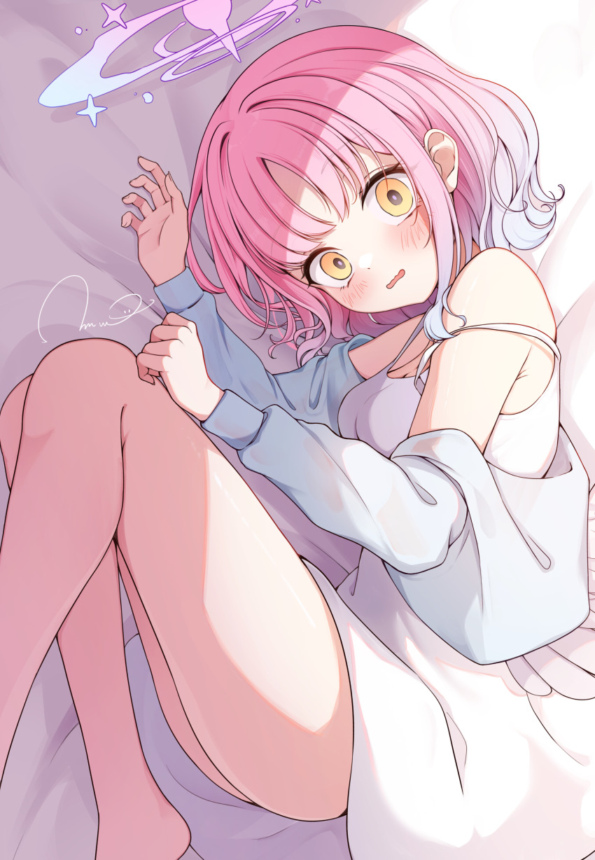 1girl, absurdres, alternate_hair_length, alternate_hairstyle, angel_wings, ass, barefoot, bed_sheet